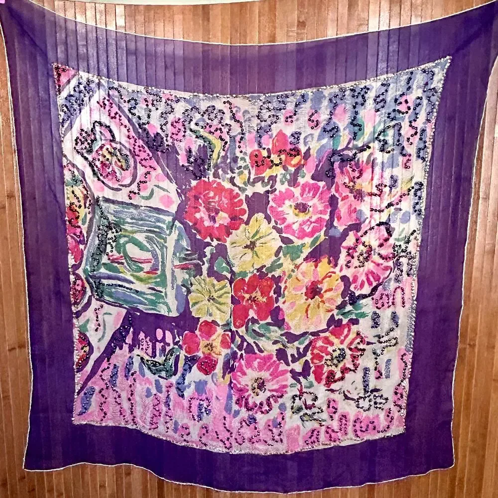 Vintage 90s Silk Scarf Semi Sheer Purple Floral Sequin Border